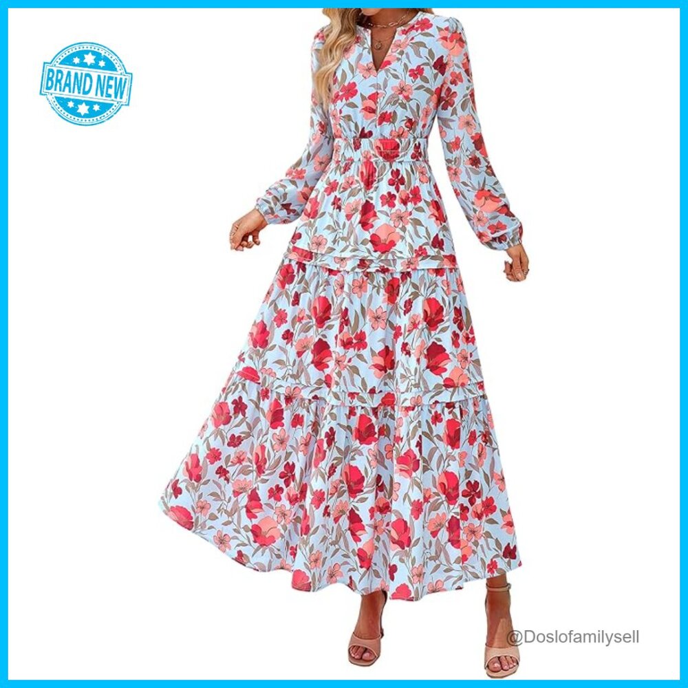 Boho Maxi Dress Floral Long Sleeve Flowy Elegant Wedding Guest Holiday
